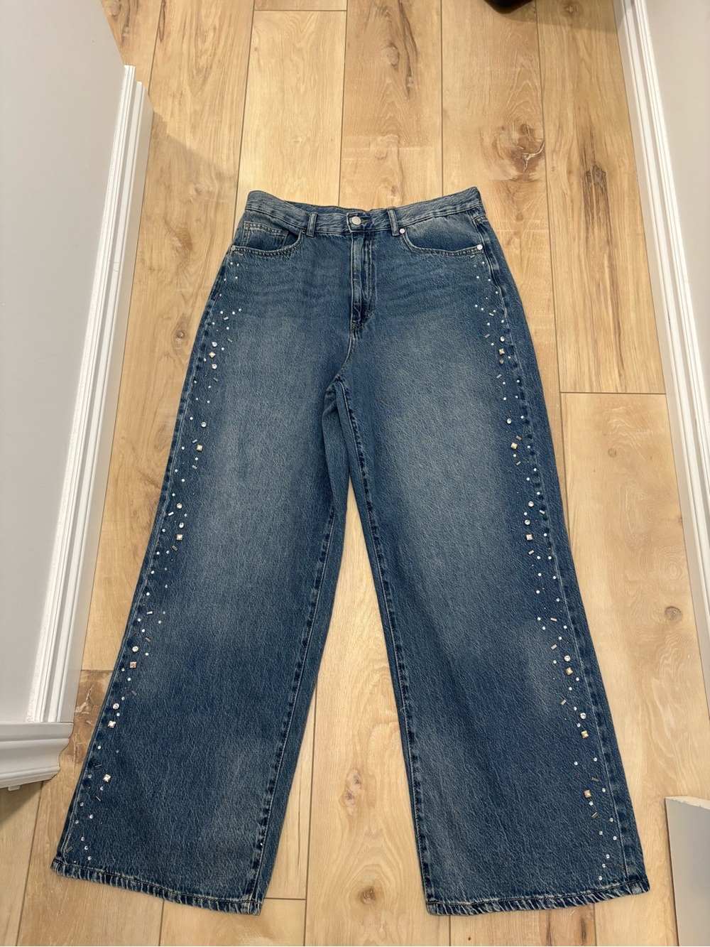 Rebecca Minkoff wide-leg jeans with rhinestone embellishments